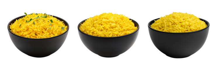 Bowls of Fluffy Yellow Rice Varieties Isolated on transparent background