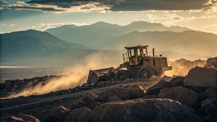 Fototapeta premium Vintage Bulldozer Crushing Rocks: Dramatic Sepia Landscape Photography