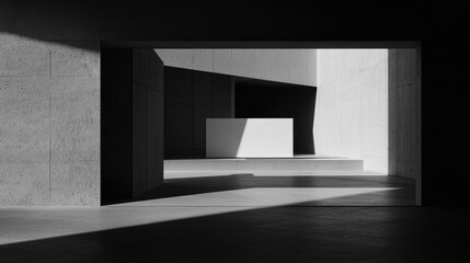 Minimalist architectural interior with geometric shapes and dramatic lighting in a modern space
