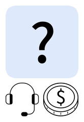 Large question mark above a headset and a coin with dollar sign conveying customer assistance, financial advice, or business queries. Ideal for support, business, finance, consulting, communication