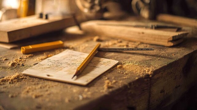 Craftsman's workshop pencil sketch on dusty workbench, tools scattered, woodworking project in progress