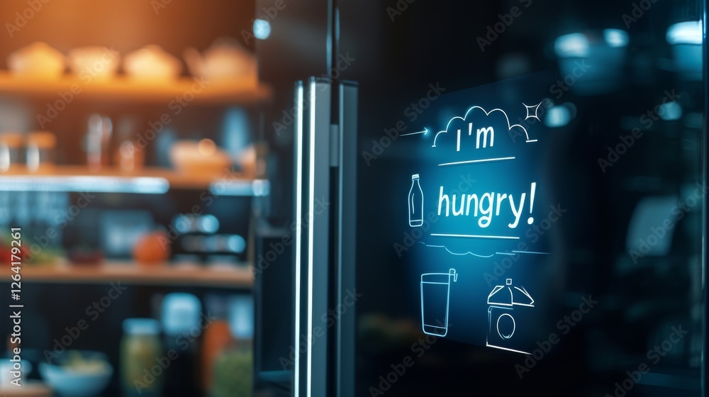 Poster a sleek smart refrigerator with a glowing interactive screen displaying food-related messages in a m