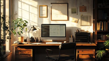 Sunlit Workspace With Computer Desk And Bookshelves