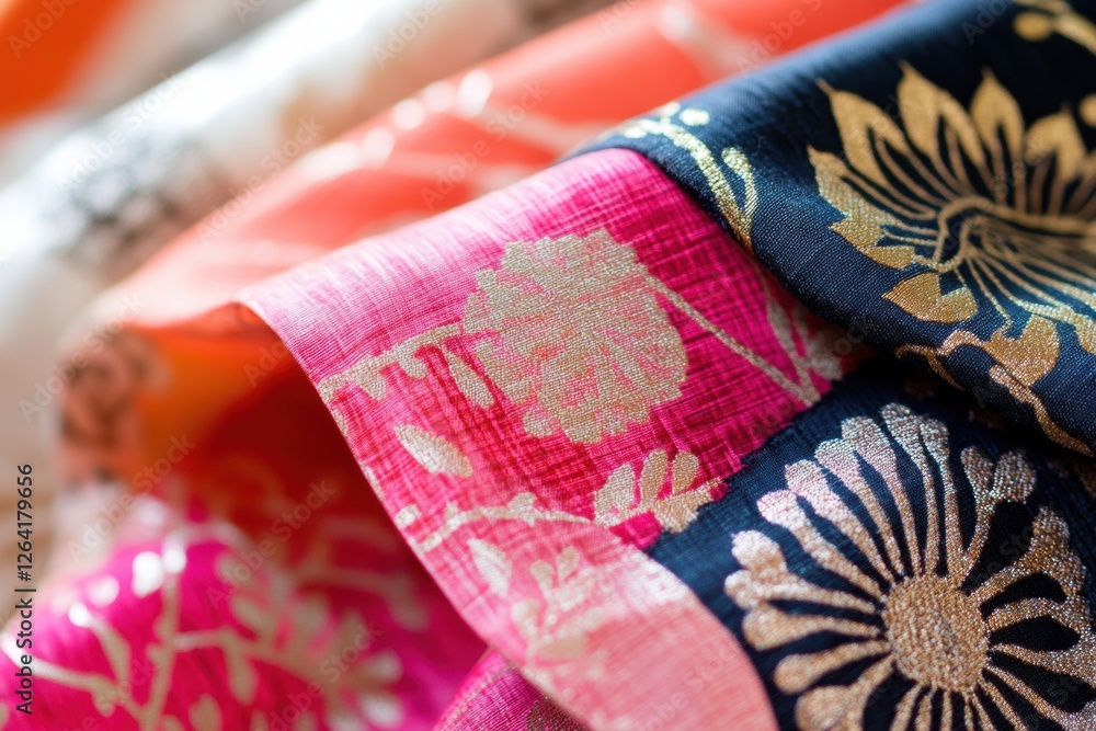 Poster vibrant close up of patterned fabrics showcasing intricate floral and geometric designs with a space