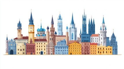 Fototapeta premium Whimsical Cityscape Illustration Architectural Diversity Atypical Towers Urban Fantasy Cartoonish Style Detailed City Building Composition