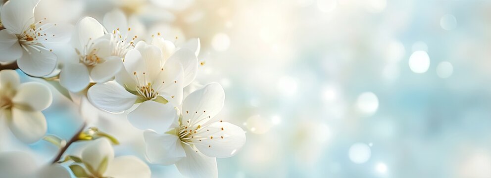 Elegant white flowers with a dreamy bokeh effect against a soft blue sky, creating a serene and enchanting background ideal for spring themes and floral designs.