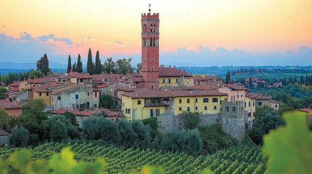 Sunset over the medieval village of San Pietro di Barbo in Italy's picturesque countryside