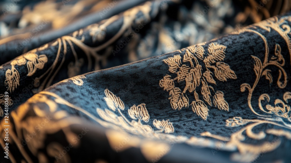 Poster close up of intricate patterned fabrics showcasing floral and geometric designs with ample blank spa