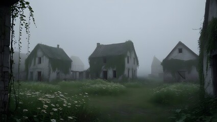 Silent Ruins: Fog Envelops an Abandoned Village Taken by Nature