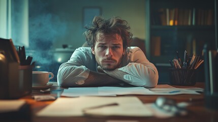 A man sitting at a wooden desk with his head resting on his hands reflecting deep thought and contemplation in a softly lit room conveying feelings of stress fatigue and introspection