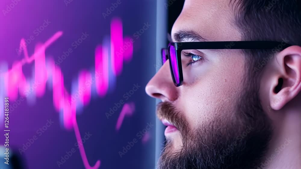 Poster Analyst Reviewing Stock Market Data on Monitors Featuring Digital Graphics and Trend Lines in Modern Office Setting with Focus on Profile and Technology