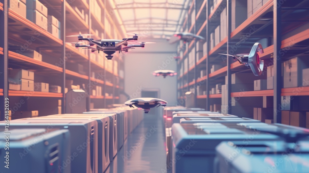 Poster a futuristic warehouse with multiple autonomous drones handling inventory, optimizing logistics, and