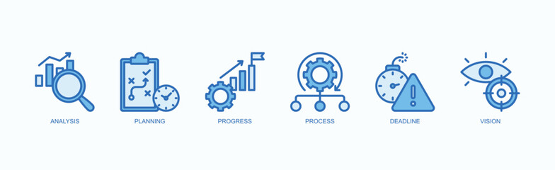 Strategic Workflow Icon Set Icon Set Isolated Vector Illustration Concept With Icon Of Analysis, Planning, Progress, Process, Deadline, Vision In Blue Style
