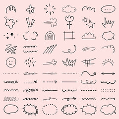 Collection of hand-drawn doodles on a pink background. Includes arrows, clouds, stars, and speech bubbles. Playful and creative doodles for design use. Black hand drawn elements, vector set.