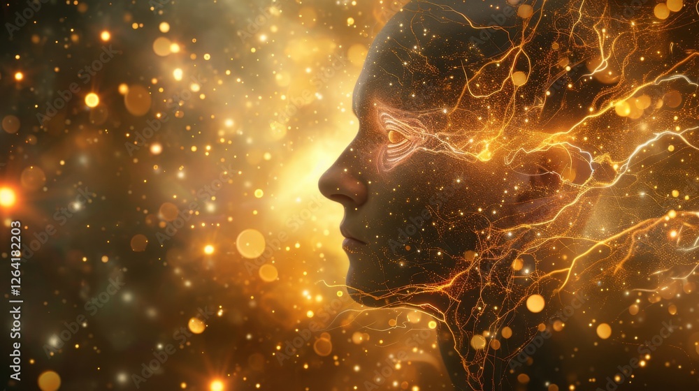 Poster a futuristic representation of a human face with glowing neural pathways, symbolizing artificial int
