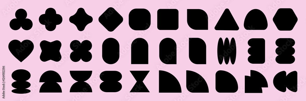 Poster vectors. collection of abstract black shapes on a pink background. various geometric forms include c
