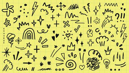 Doodle icons on yellow background: stars, hearts, arrows, clouds, crowns, lightning. Playful doodles with stars, hearts, arrows, and clouds. Fun and whimsical. Black hand drawn elements, vector set.