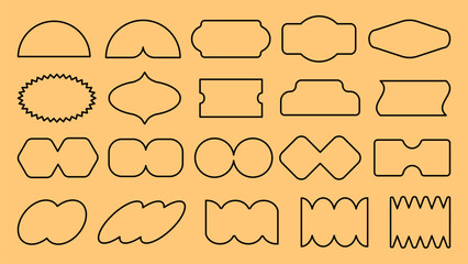 Obraz premium Vectors. Set of 20 black outline shapes on an orange background. Shapes include circles, ovals, and zigzags. Variety of geometric shapes, perfect for design projects. Black shapes, vector set.