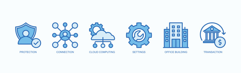 Business And Tech Essentials Icon Set Icon Set Isolated Vector Illustration Concept With Icon Of Protection, Connection, Cloud Computing, Settings, Office Building, Transaction In Blue Style