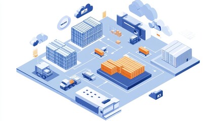 Cloud-based logistics system connecting global warehouses, digital supply chain. 
