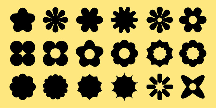 Silhouette flower shapes on yellow. Various flower silhouettes in black. Flower designs, floral patterns, flower motifs, and flower icons in silhouette. Black shapes, vector element set.