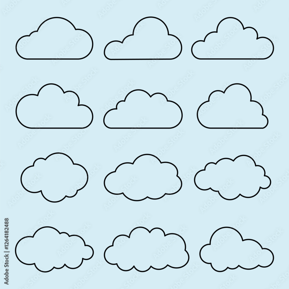 Poster set of twelve cloud outlines on a light blue background. cloud shapes vary in size and form. simple 