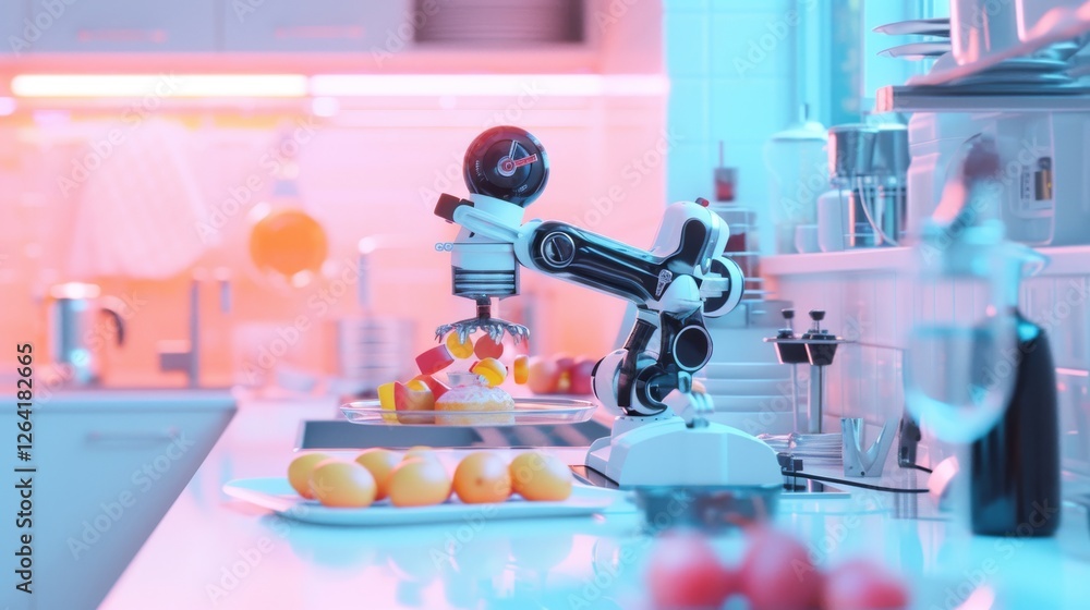 Poster a sleek robotic arm operates in a high-tech kitchen, slicing fruits with precision. the futuristic a