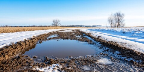 Muddy winter road puddle, snowy field