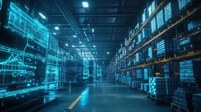 Cloud-based logistics system connecting global warehouses, digital supply chain. 