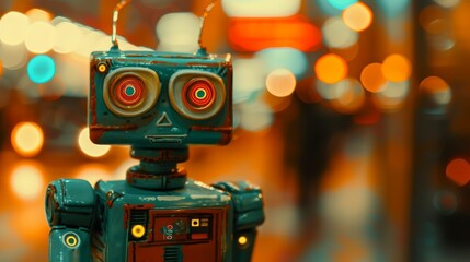 Fototapeta premium A vintage robot with glowing circular eyes stands against a blurred neon-lit background, evoking a nostalgic yet futuristic feel. The cyberpunk aesthetic enhances the sci-fi mood. AI generated.