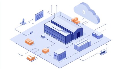 Cloud-based logistics system connecting global warehouses, digital supply chain. 