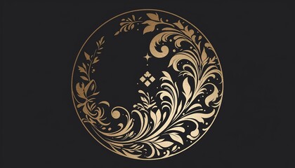 Gold floral crescent moon ornament on dark background