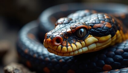 Fototapeta premium Scaled, coiled snake face with vertical pupils , nature, viper