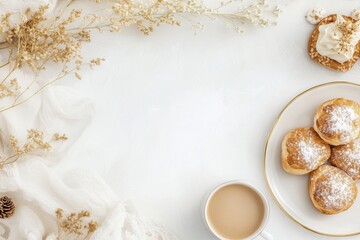 Xícara de café elegante com detalhes dourados, acompanhada de doces e decorações festivas em fundo branco, criada com IA generativa para um visual sofisticado e convidativo
