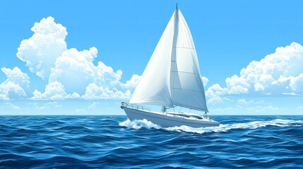 Obraz premium White Sailboat Floating on Blue Ocean Water Under a Bright Sky with Clouds Offering Serene Coastal Scenery for Relaxation