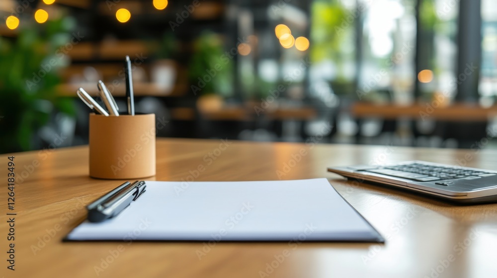 Poster modern workspace with pen, empty paper, and computer on wooden table in stylish cafe setting