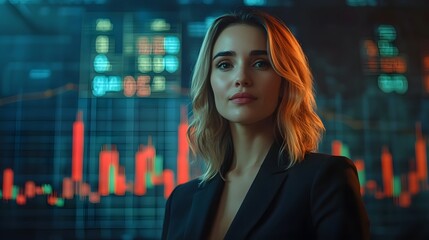 Naklejka premium Confident Businesswoman Amid Futuristic Financial Data and Rising Charts