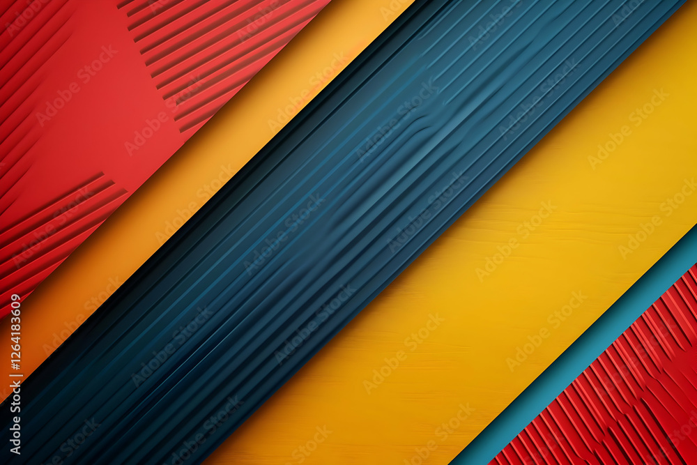 Poster abstract composition of colorful textured panels in red, blue, yellow, and orange, creating a dynami