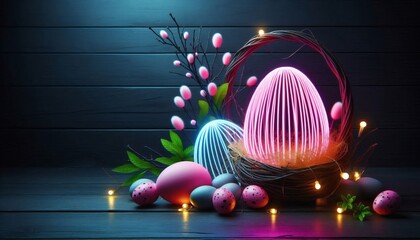 Beautiful neon easter eggs and flowers