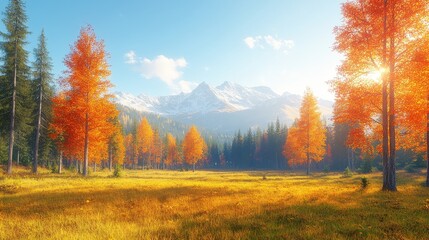 Fototapeta premium Autumnal Mountain Vista A Panoramic Scene of Golden Trees and Snow Capped Peaks Bathed in Warm Sunlight Creating a Serene Landscape
