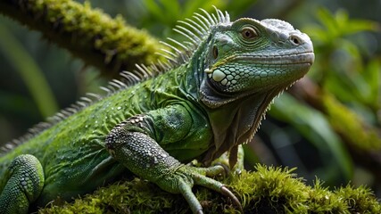 Fototapeta premium Vibrant Green Iguana Relaxing on Moss-Covered Tree with Morning Dew