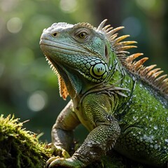 Obraz premium Iguana Perched on Mossy Tree Branch, Surrounded by Morning Dewdrops