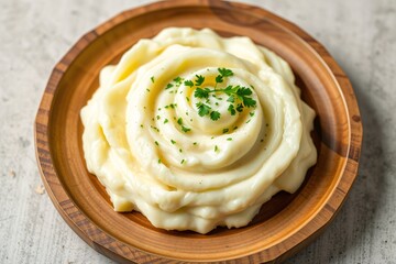 Delicious mashed potatoes adorned with freshly chopped chives served in a wooden plate on a rustic tabletop.