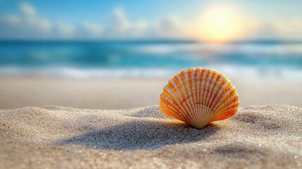 Obraz premium A vibrant seashell resting on sandy beach with gentle waves and a sunset in the background