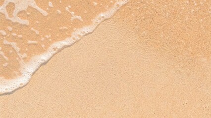 White Soft wave of sea ocean on sandy beach Background.Top view Sand Texture Brown Beach sand dune for Summer banner background. Sunny on water soft sand, calm, tranquil relaxed