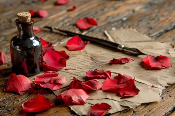Vintage-style love letters scattered on a wooden table with a quill and ink bottle