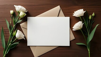 mock up wedding invitation for greeting card with envelope and flowers, blank card with copy space