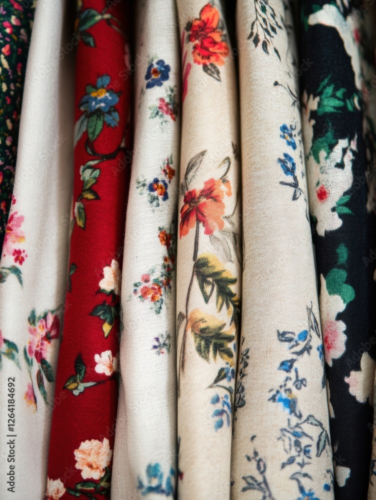Fototapete explore vibrant close up of patterned fabrics showcasing floral and geometric designs with blank spa