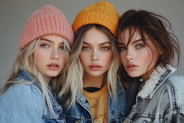 Fototapeta premium Three young women wearing denim jackets and beanies