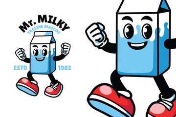 Fun and vibrant cartoon character of a milk carton mascot designed for branding. Ideal for food packaging, promotional material, or kid-friendly products.